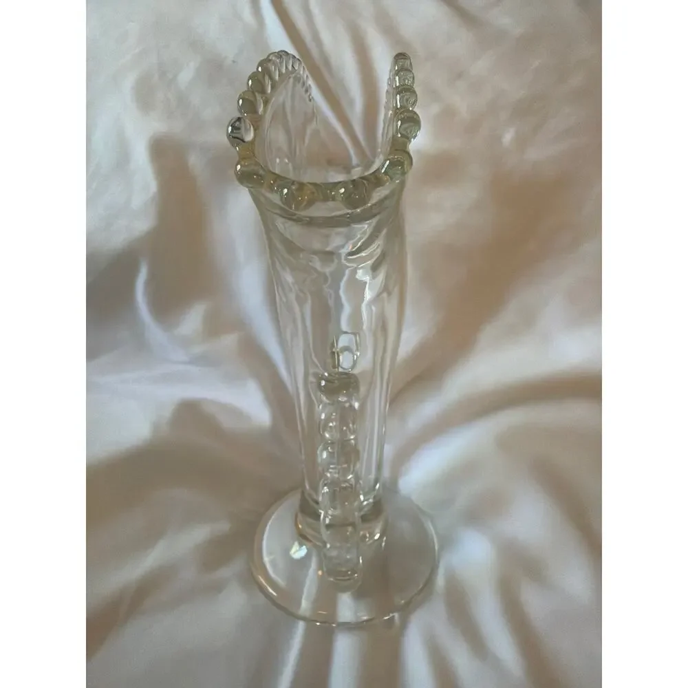 Vintage Imperial Glass Candlewick Fan Vase Beaded Rim Loop Handles Clear Glass